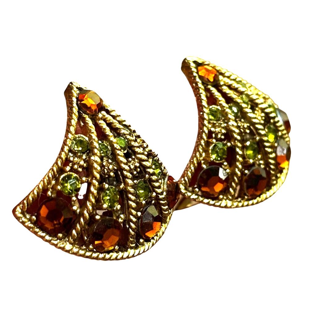 Vintage clip on earrings textured golden fan brown green rhinestones 70s fashion